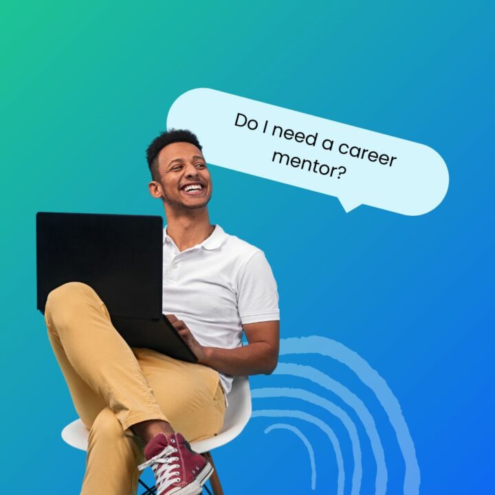 Smiling young man sitting with a laptop on his lap, with a speech bubble asking, 'Do I need a career mentor?' suggesting contemplation about seeking guidance for career growth.