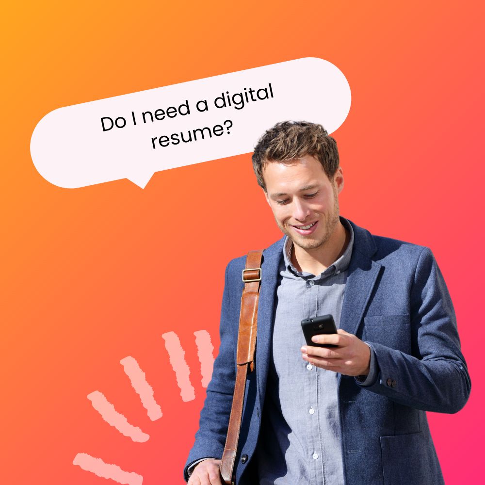 Young professional man in business attire, smiling while looking at his phone, with a speech bubble asking, 'Do I need a digital resume?' suggesting contemplation about modern job application methods.