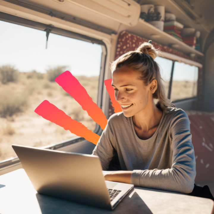 "Young woman working on a laptop inside a cozy van, with a desert landscape visible through the window. The image evokes a sense of freedom and adventure, combining remote work with travel.