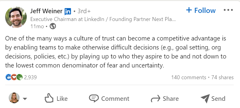 Jeff Weiner's LinkedIn post with copy about leadership and making hard decisions.