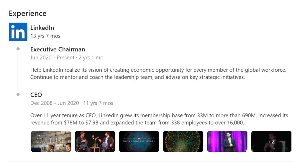 Jeff Weiner's LinkedIn experience profile section showing promotion from LinkedIn CEO to Executive Chairman.
