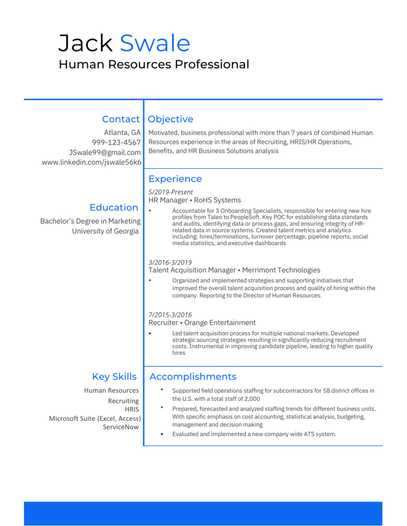 Sample modern resume including contact info, summary, education, experience, and accomplishments