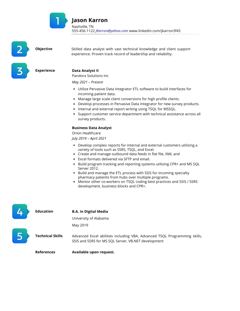 Simple resume sample including contact information, objective, experience, education, and skills.