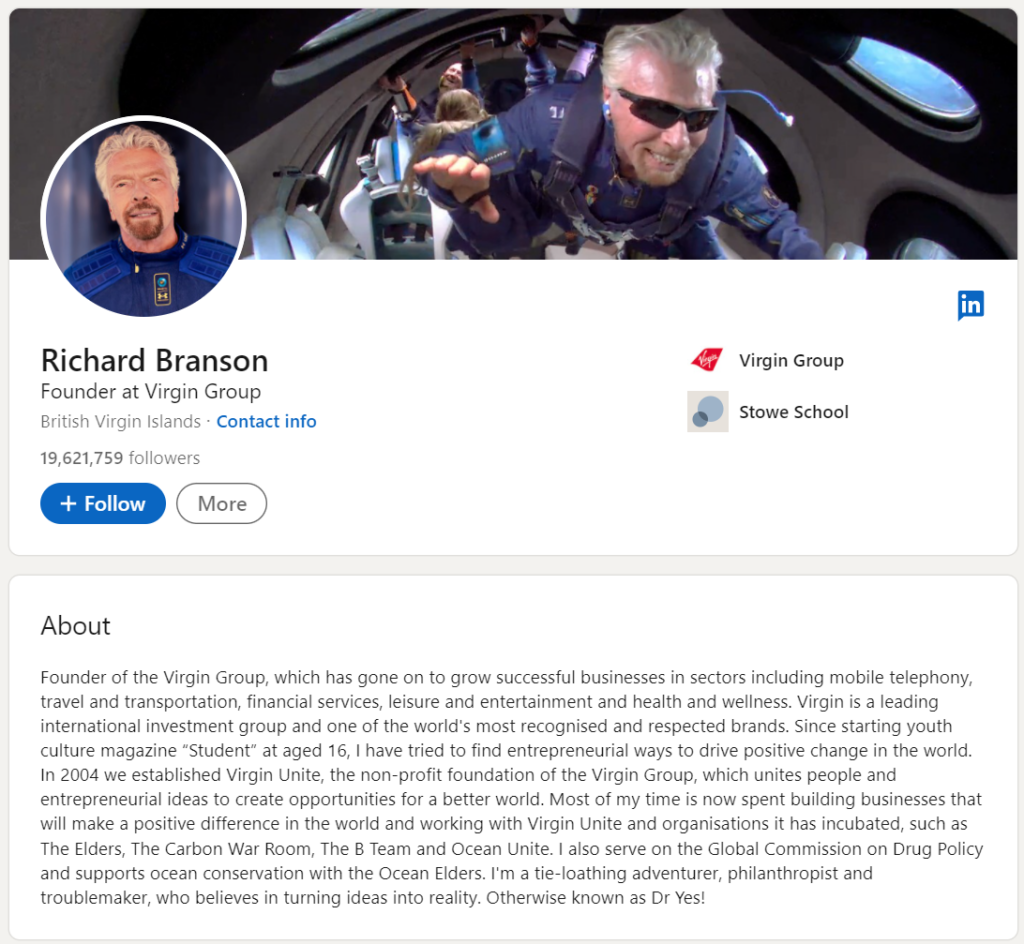 Richard Branson's about section summary on his LinkedIn profile