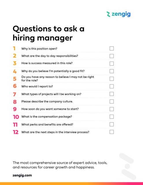 Questions To Ask A Hiring Manager Checklist