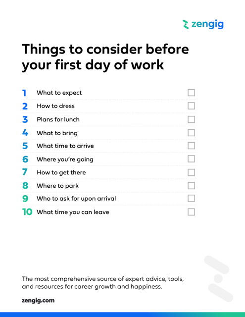 Consider before first day of work checklist preview