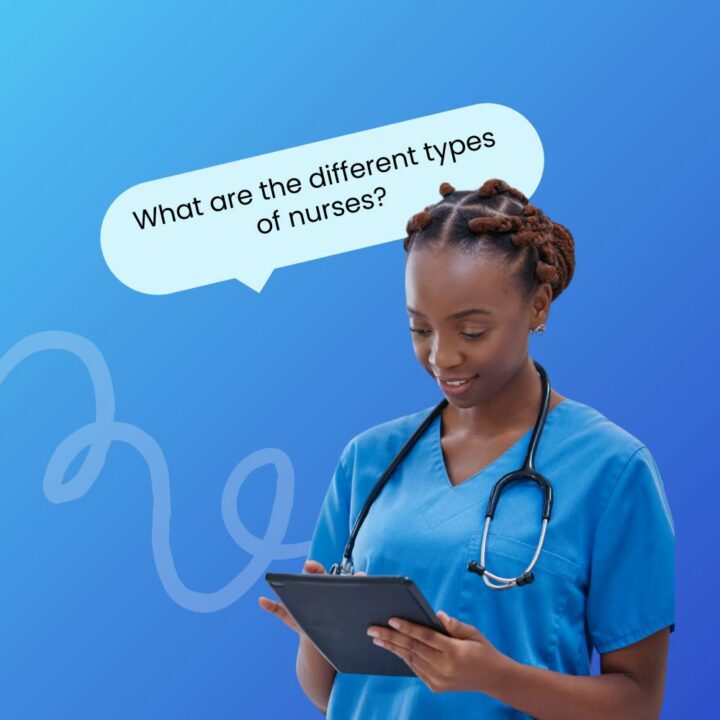 A nurse wearing blue scrubs and a stethoscope around her neck is looking at a tablet device. A speech bubble above her reads, "What are the different types of nurses?"
