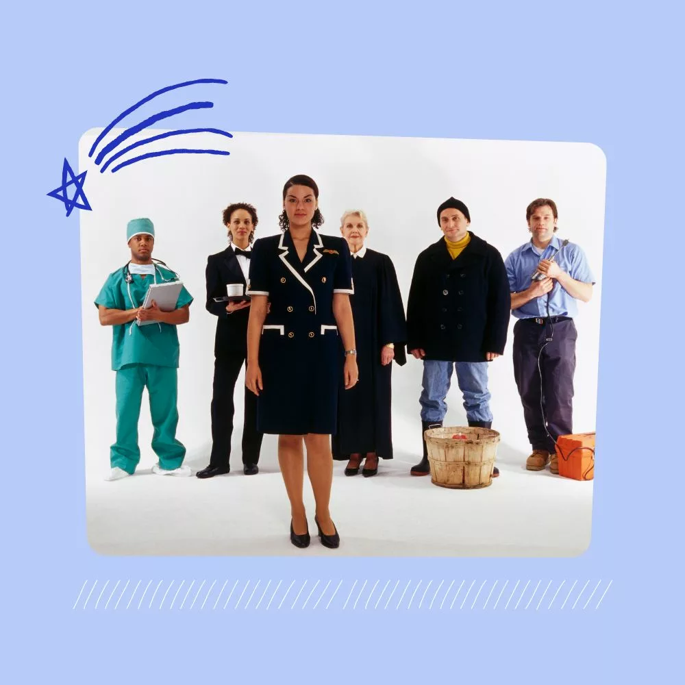 Image of six different professionals standing in line to represent different careers, such as doctor, waiter, flight attendant, judge, farmer, and electrician.