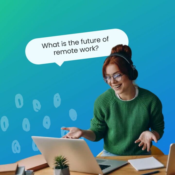 Cheerful young woman in headphones having web conference while working from home thinking about the future of remote work