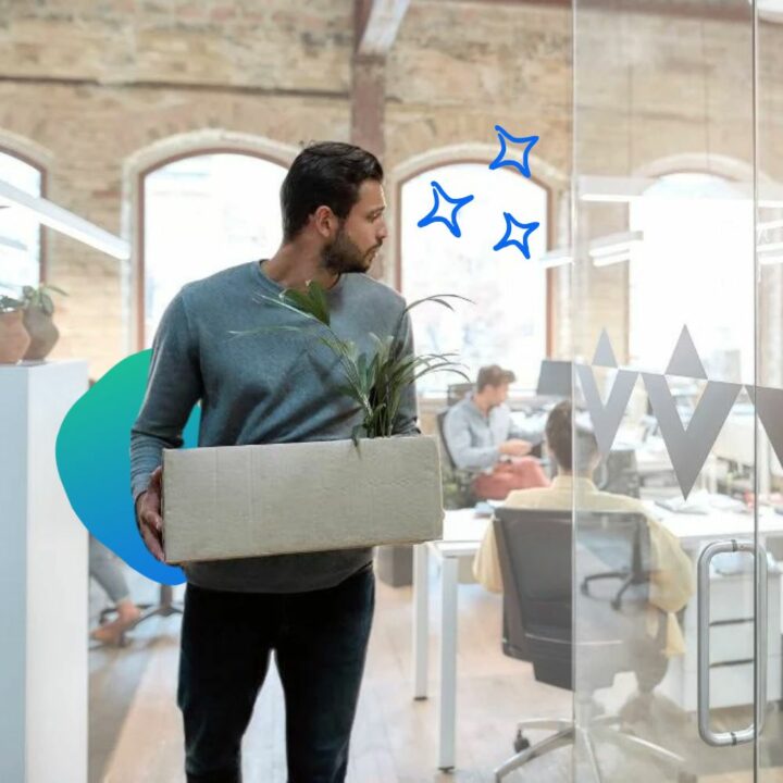 Man in casual wear holding box with personal things and leaving modern office. Job hopping and quitting concept.