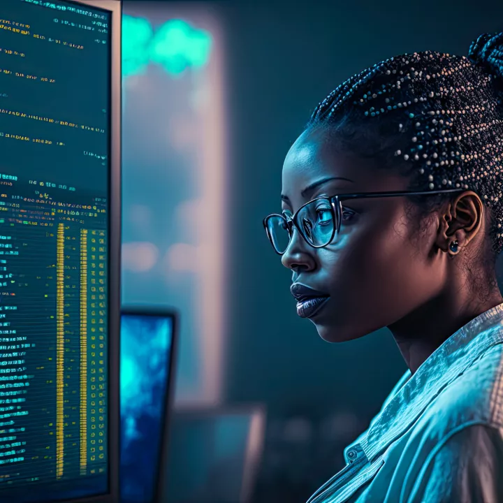 African American woman in a technology career looking at lines of code on a screen, copyspace. Generative AI
