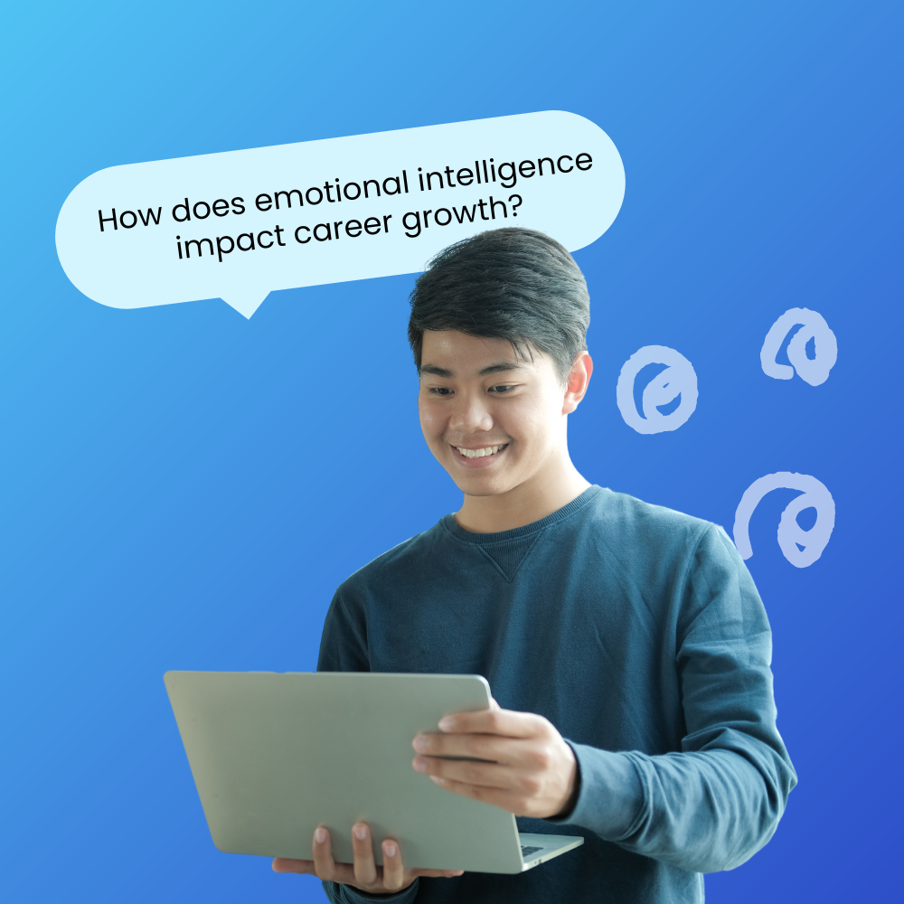 A young man smiling while looking at his laptop, with a speech bubble above his head that says, "How does emotional intelligence impact career growth?"