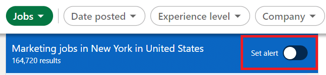 LinkedIn's jobs section with red square highlighting how to turn on the set alerts button