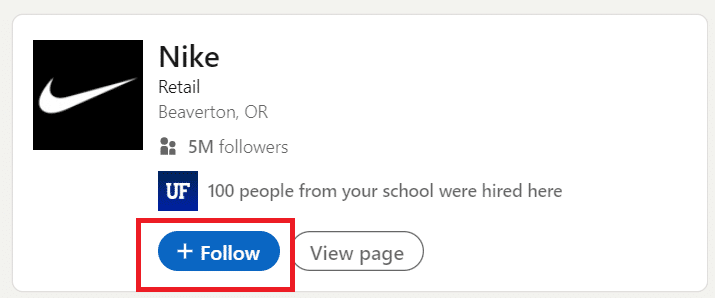 Nike LinkedIn profile with a red square around the follow button