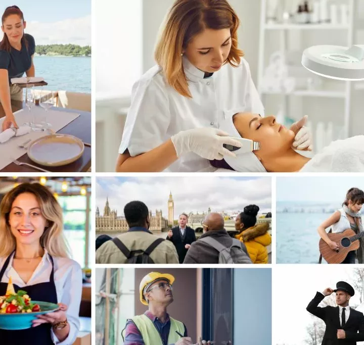 Non-traditional careers collage with images of a cook, cosmetologist, yacht stewardess, musician, chauffeur, home inspector, and tour guide