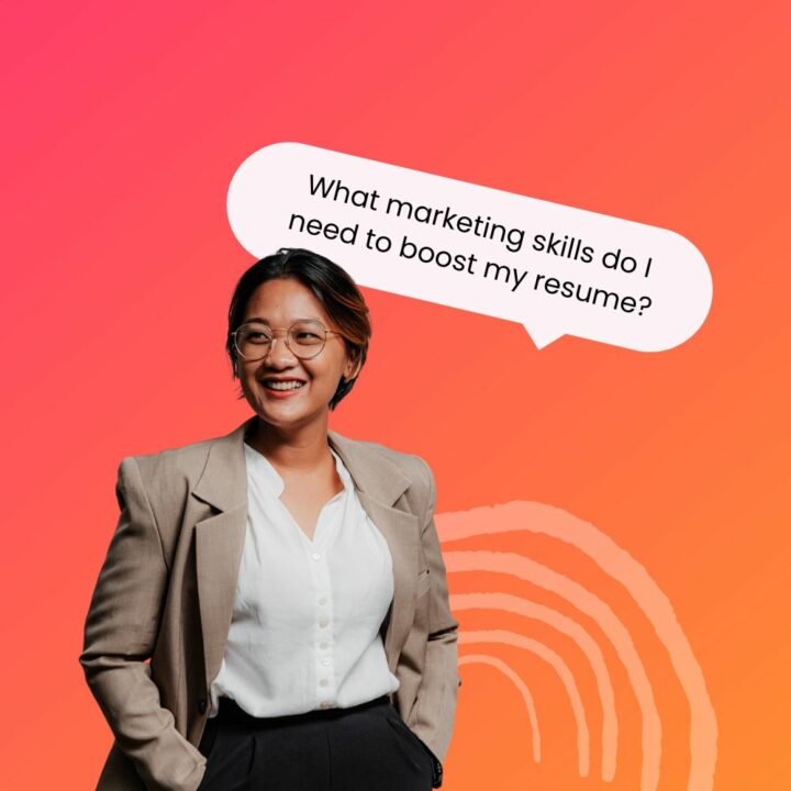 A smiling professional woman in business attire with a speech bubble that says, "What marketing skills do I need to boost my resume?"