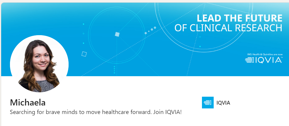 Michaela LinkedIn headline that states, "Searching for brave minds to move healthcare forward."
