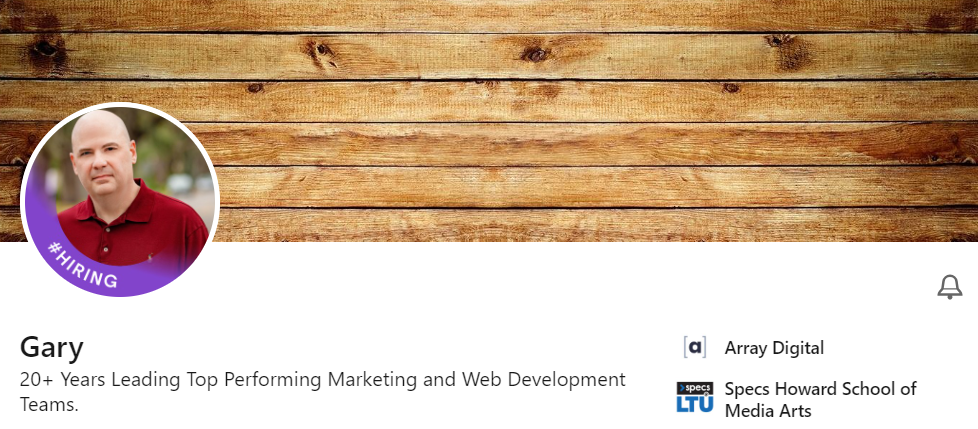 Gary LinkedIn headline that states, "20+ years leading top performing marketing and web development teams"
