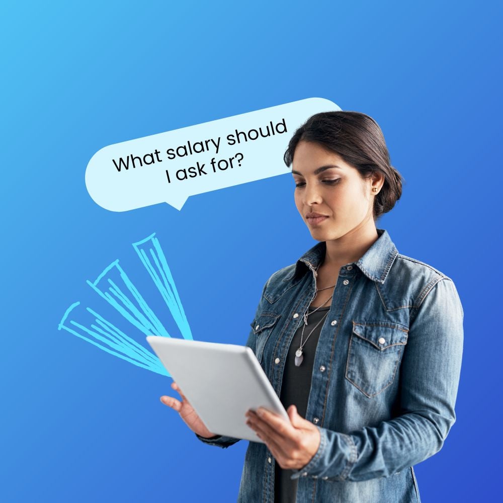 A woman in a denim jacket is holding a tablet and looking at it thoughtfully. A speech bubble above her head contains the question, "What salary should I ask for?"
