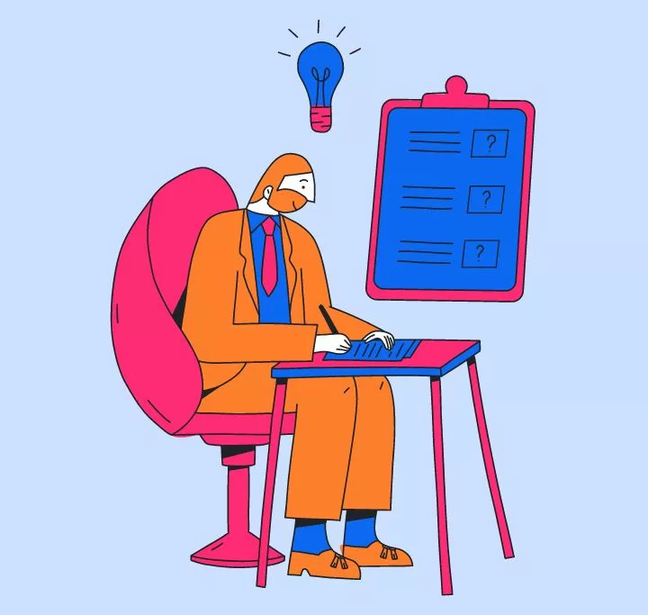 Cartoon of young male professional in an orange suit and tie sitting at a desk filling out a personality test and a lightbulb above his head