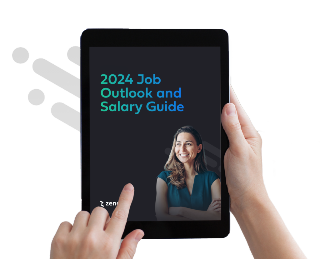 Zengig's 2024 Job Outlook and Salary Guide displayed on a black iPad.