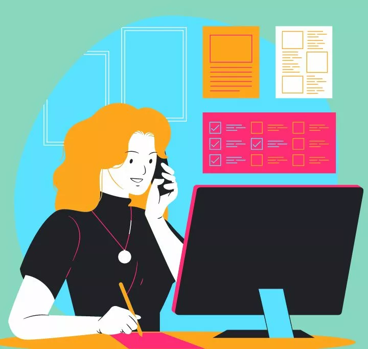Cartoon illustration of female contract working talking on her cellphone at a desk with desktop computer and holding a pencil taking notes