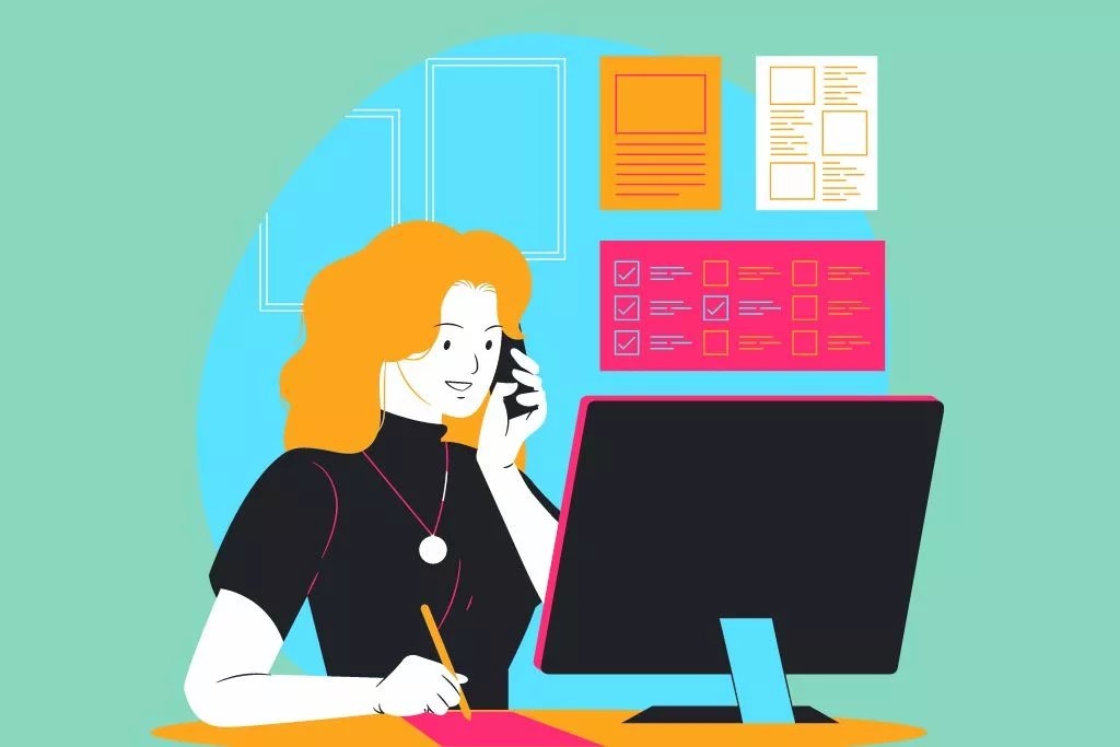 Cartoon illustration of female contract working talking on her cellphone at a desk with desktop computer and holding a pencil taking notes