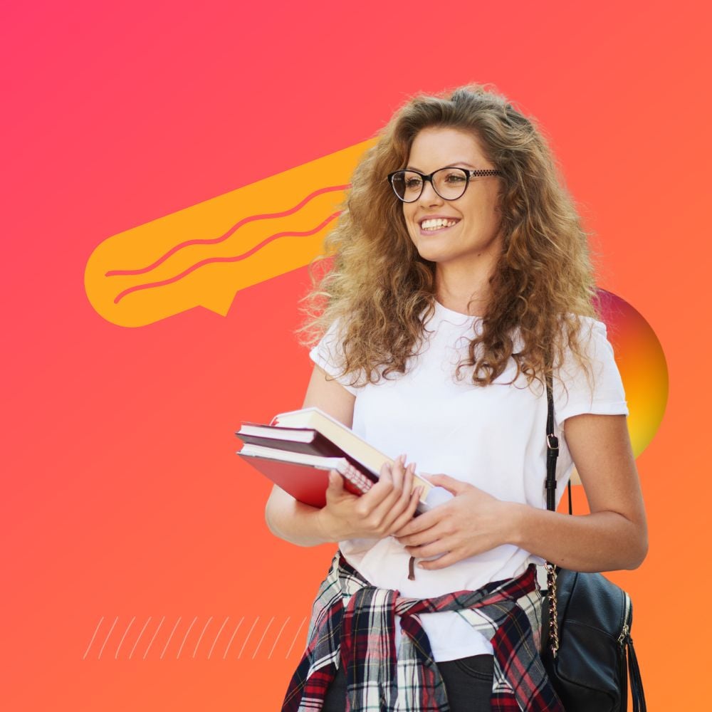 Cut out of a female student holding books wearing glasses and smiling