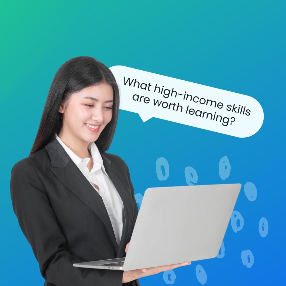 Young female professional wearing a black suit holding a laptop with a speech bubble above that reads, "What high-income skills are worth learning?"