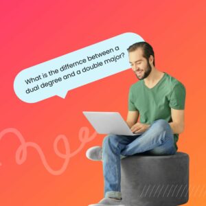 A young man sitting on a round gray ottoman, using a laptop. He is casually dressed in a green t-shirt and jeans, smiling as he looks at the screen. A speech bubble next to him reads, "What is the difference between a dual degree and a double major?"