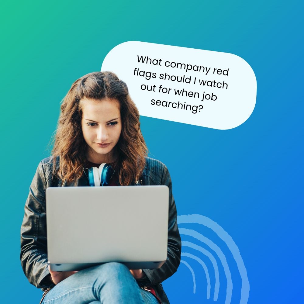 A young woman sitting and focused on her laptop, wearing a leather jacket and headphones around her neck. A speech bubble above her reads, 'What company red flags should I watch out for when job searching?'