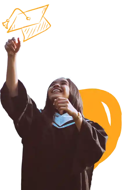 A smiling college graduate dressed in robes throwing an illustrated academic cap into the air