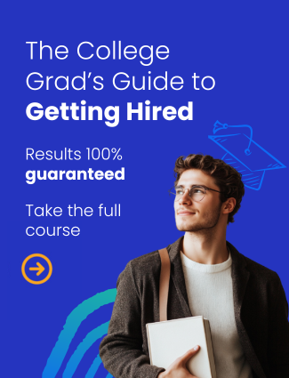 Image of young white male with a book wearing glasses. Text overlay says "The College Grad's Guide to Getting Hired. Results 100% guaranteed. Take the full course". Click to learn more